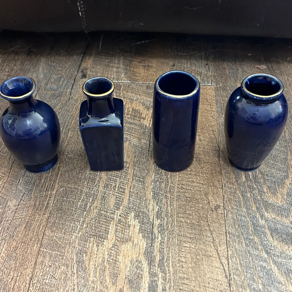 Mini Ceramic Bud Vases Vintage‎ Japanese Kutani Style Cobalt Blue Lot of 4pcs